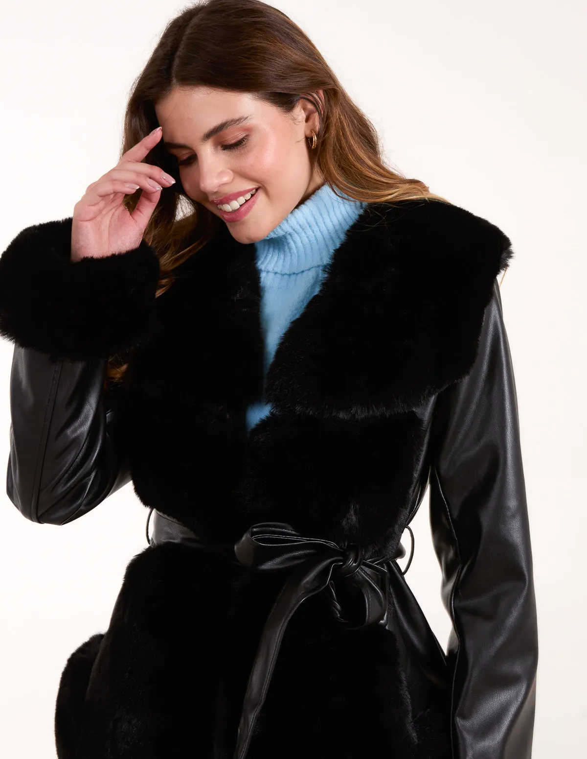 Panel Faux Fur Pu Belted Coat