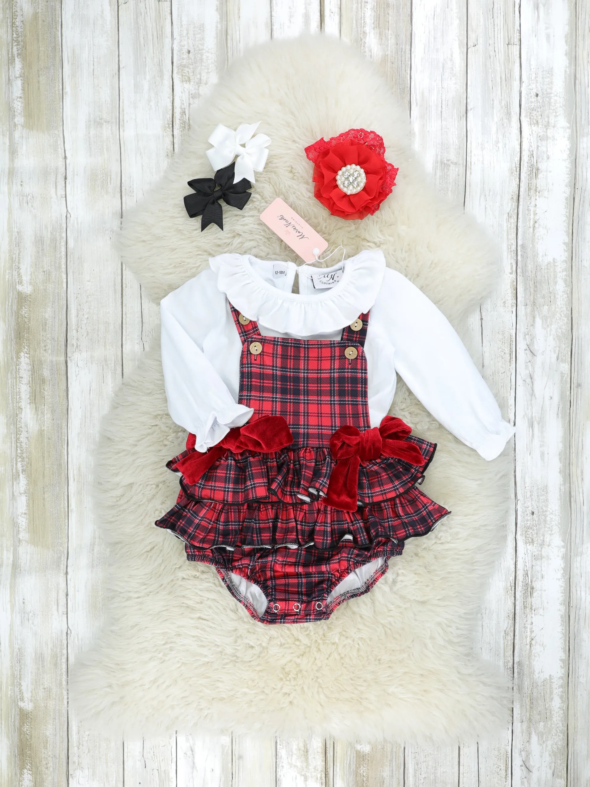 Plaid Bow Overall Ruffle Romper Set
