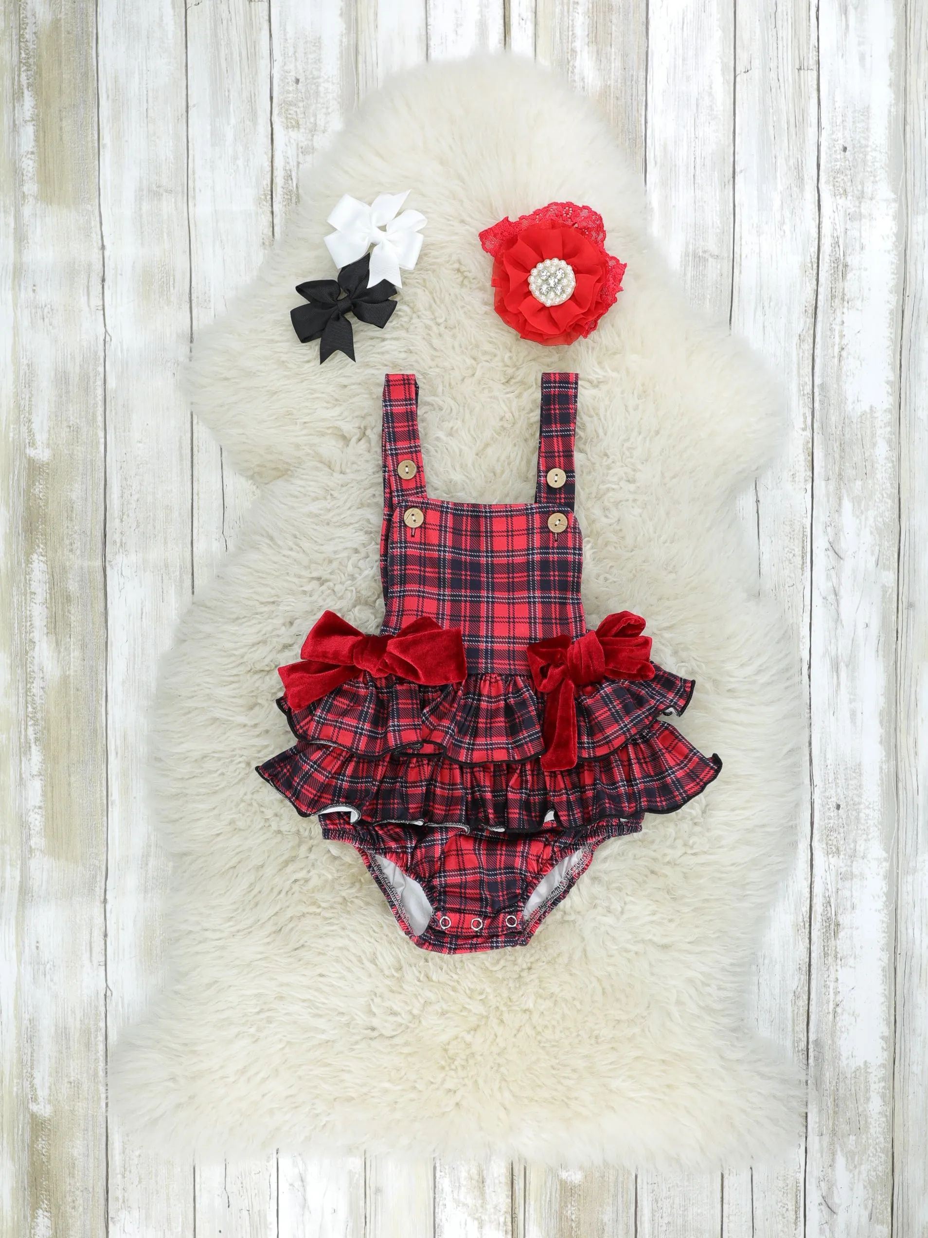 Plaid Bow Overall Ruffle Romper Set
