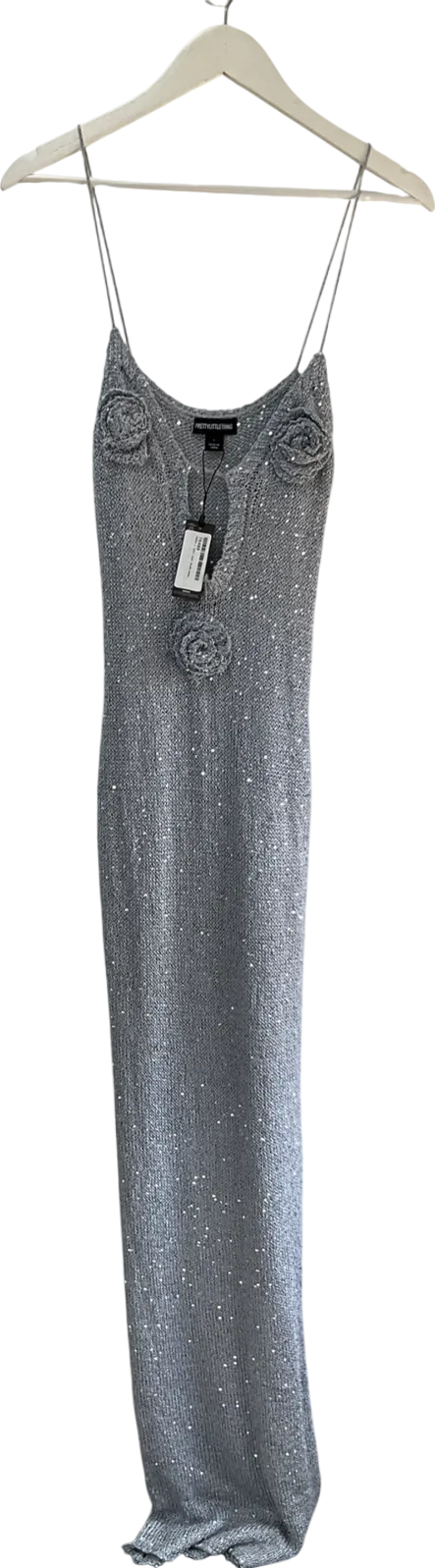 PrettyLittleThing Metallic Silver Sequin Knit Maxi Dress UK S