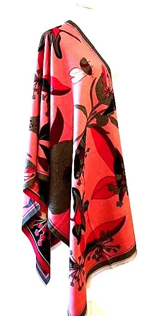 Red Black Garden Print Reversible Wrap - Artisan Shawl