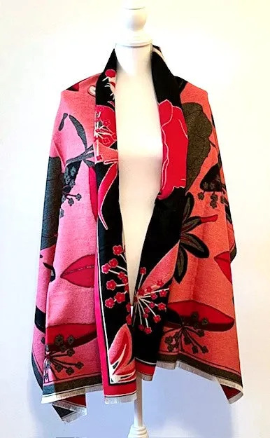 Red Black Garden Print Reversible Wrap - Artisan Shawl
