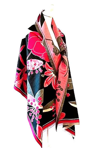 Red Black Garden Print Reversible Wrap - Artisan Shawl
