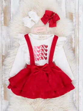 Red Velvet Falling Hearts Skirt Overalls Set