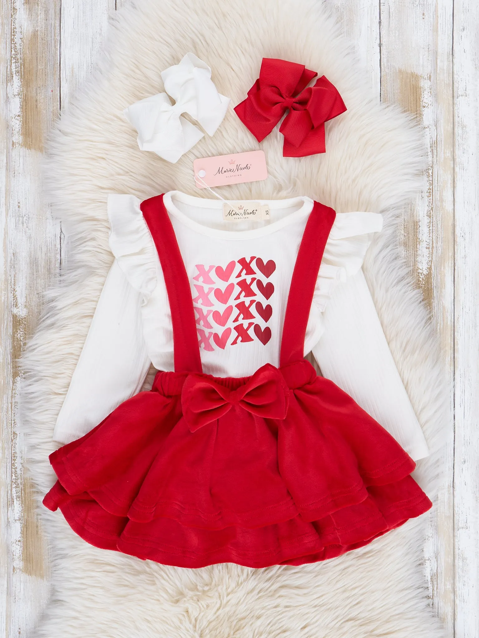 Red Velvet Falling Hearts Skirt Overalls Set