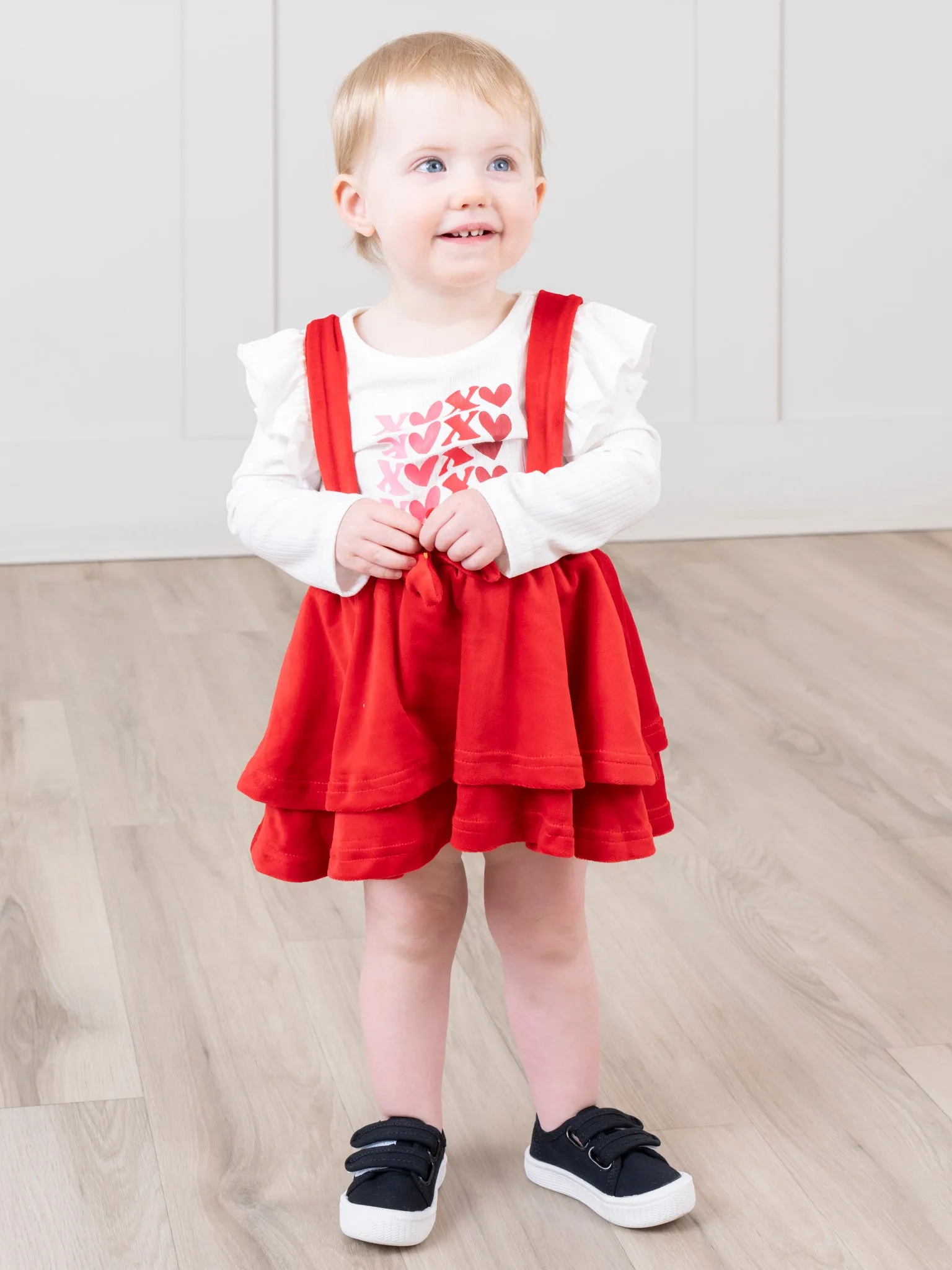 Red Velvet Falling Hearts Skirt Overalls Set
