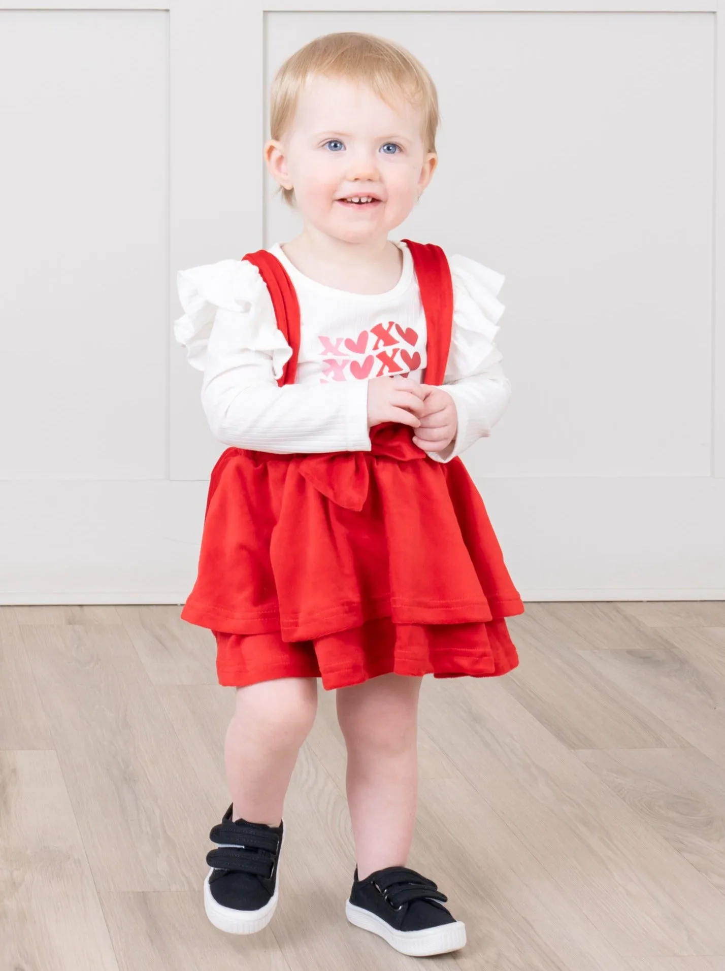 Red Velvet Falling Hearts Skirt Overalls Set