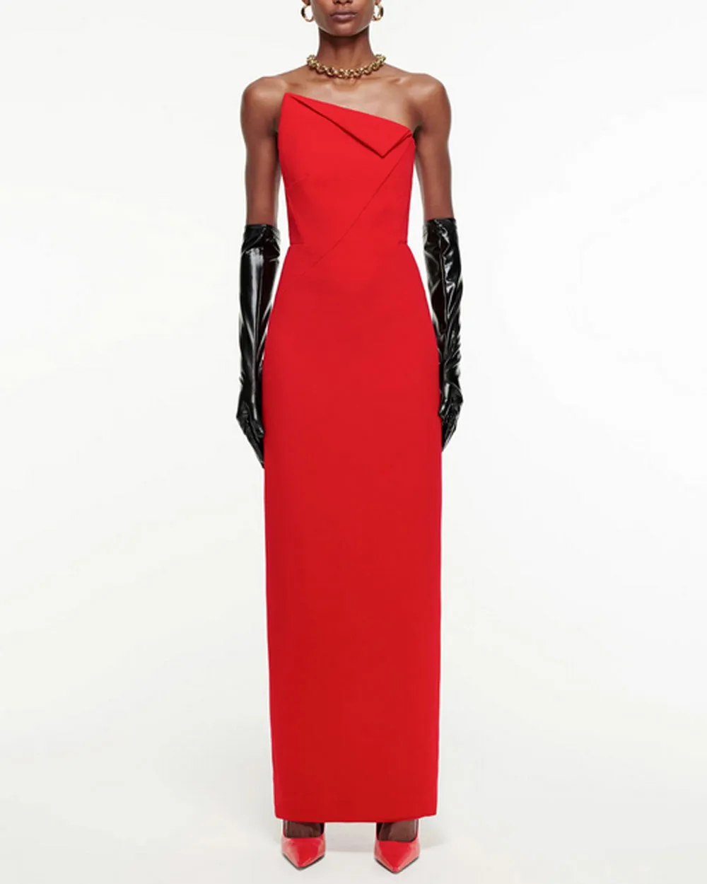 Red Wool Crepe Strapless Asymmetrical Origami Gown