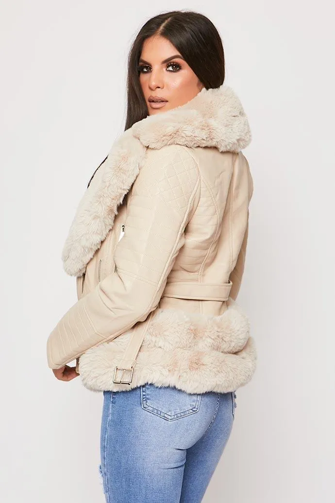 Ryleigh - Cream Faux Fur Leather Trim Biker Jacket