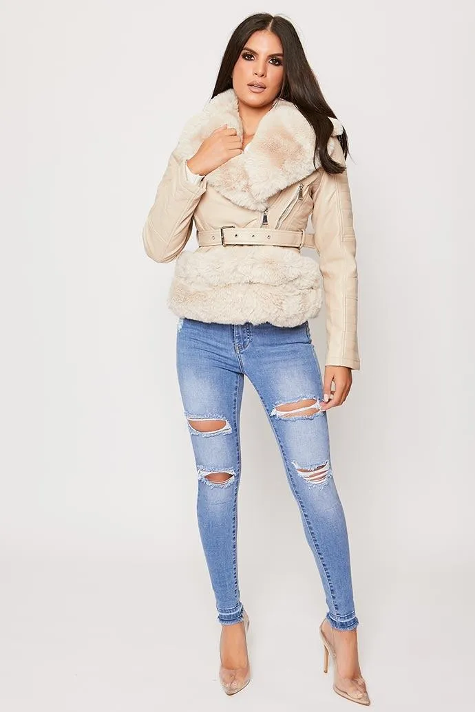 Ryleigh - Cream Faux Fur Leather Trim Biker Jacket