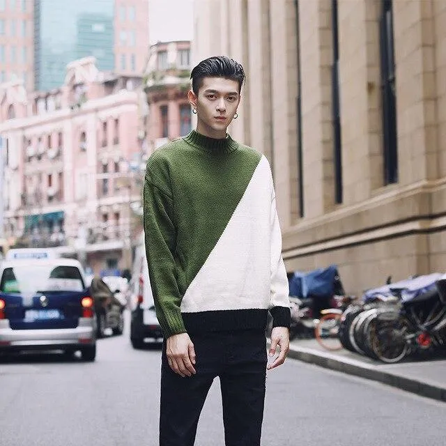 shirt Contrast sweater men designer pullover sweater men shoulder black white green yellow soft coat
