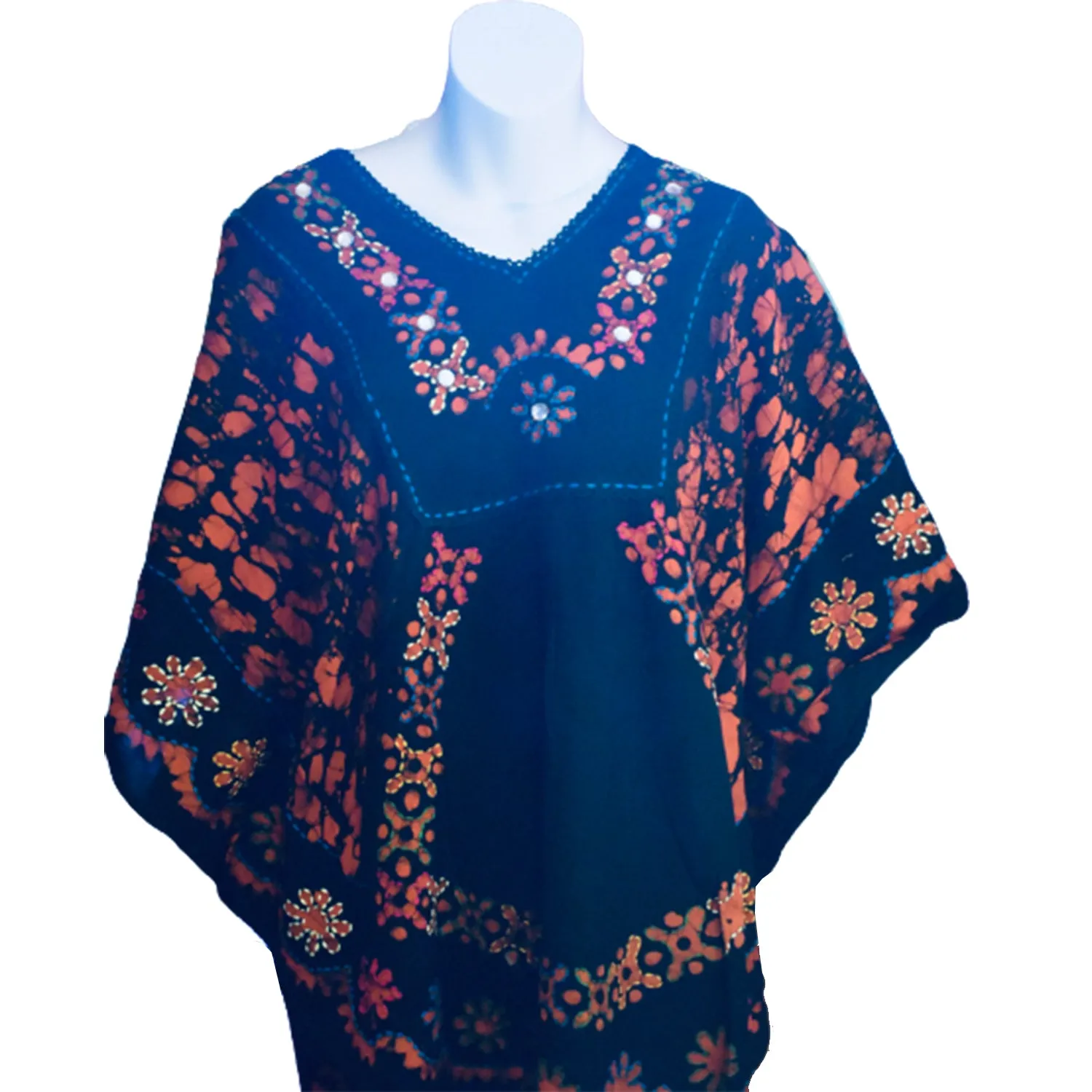 Short Kaftan Black Top Red Floral
