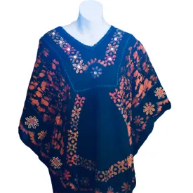 Short Kaftan Black Top Red Floral