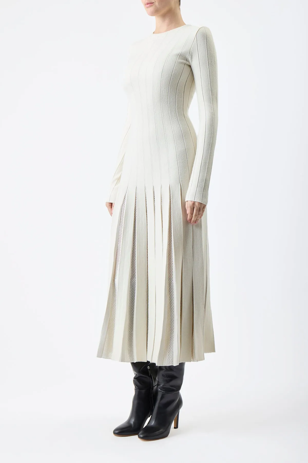 Walsh Knit Maxi Pleated Dress in Ivory Wool