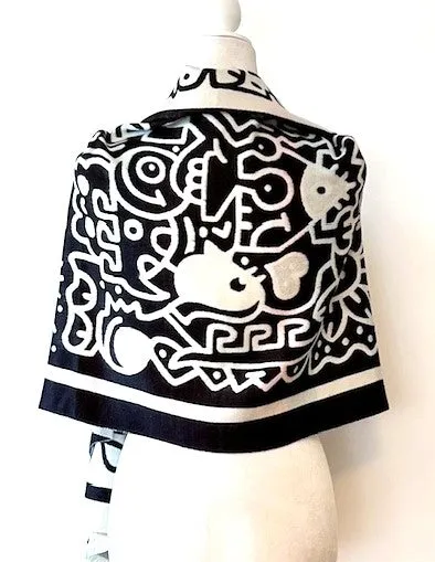 Whimsical Black and White Reversible Wrap – Artisan Shawl.