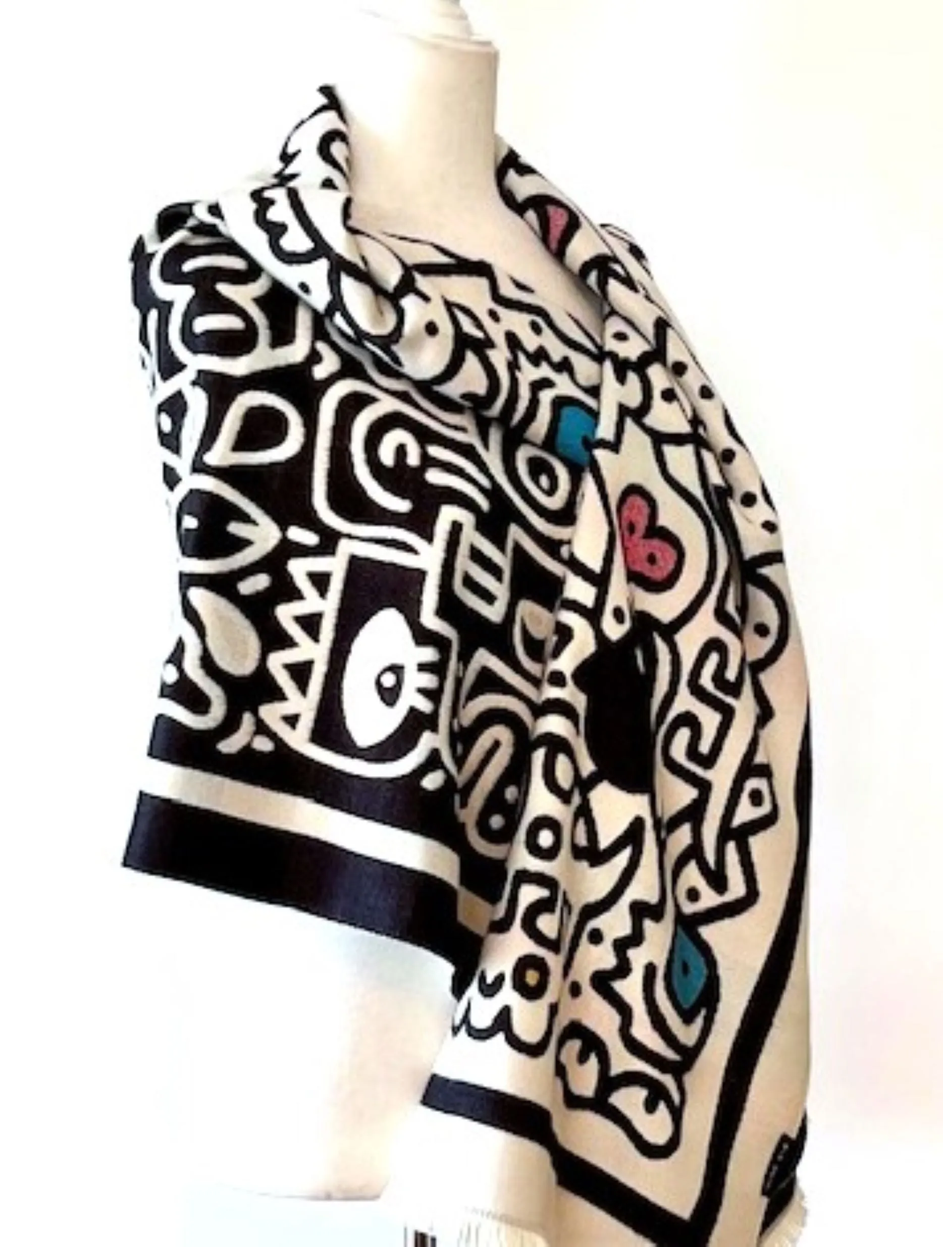 Whimsical Black and White Reversible Wrap – Artisan Shawl.
