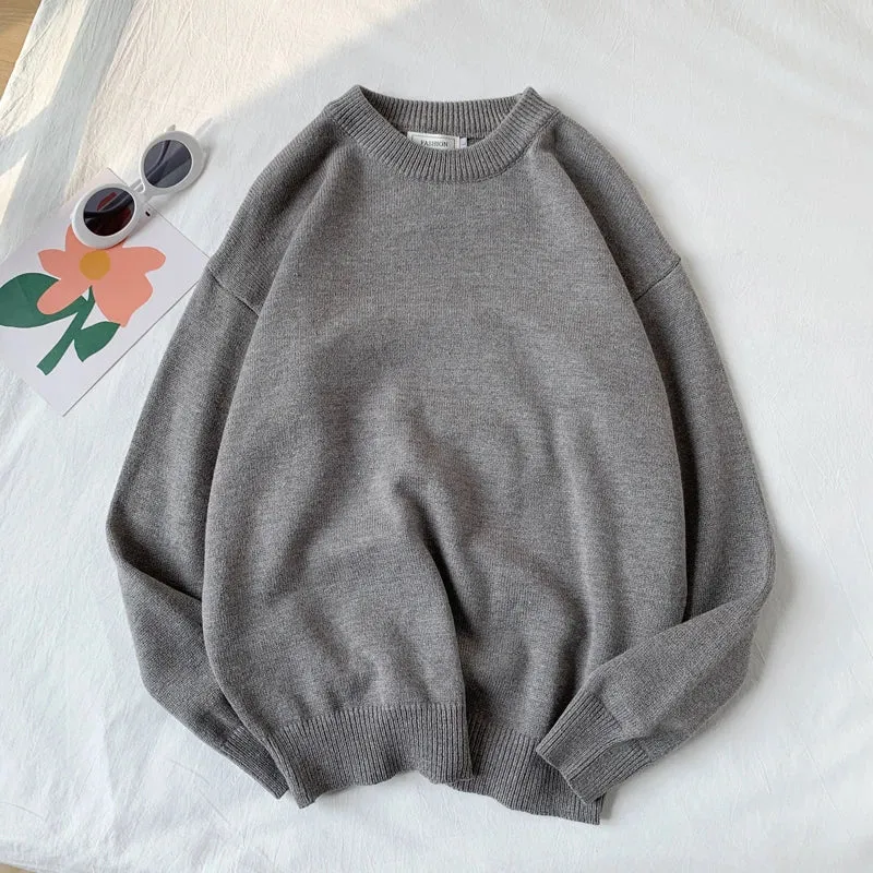 WIAOFELLAS  -  Men Autumn Winter Fashion Korean Solid Color Sweater Tops Male Loose O-neck Pullovers Mens Long Sleeve Knitted Tops P48