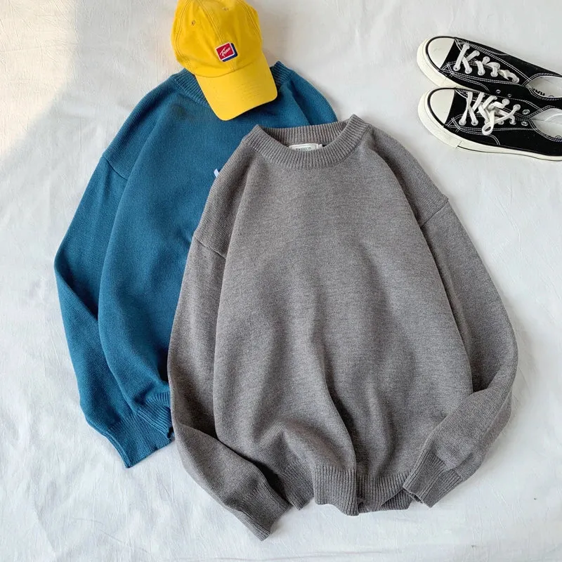 WIAOFELLAS  -  Men Autumn Winter Fashion Korean Solid Color Sweater Tops Male Loose O-neck Pullovers Mens Long Sleeve Knitted Tops P48