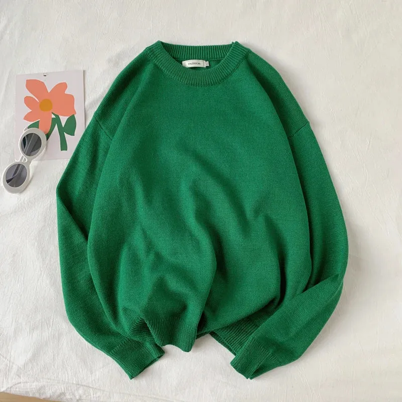 WIAOFELLAS  -  Men Autumn Winter Fashion Korean Solid Color Sweater Tops Male Loose O-neck Pullovers Mens Long Sleeve Knitted Tops P48