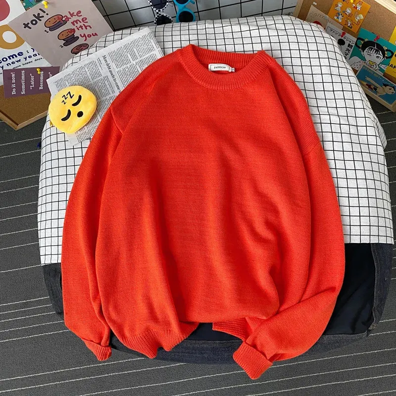 WIAOFELLAS  -  Men Autumn Winter Fashion Korean Solid Color Sweater Tops Male Loose O-neck Pullovers Mens Long Sleeve Knitted Tops P48