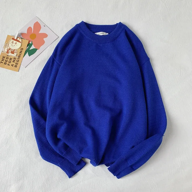 WIAOFELLAS  -  Men Autumn Winter Fashion Korean Solid Color Sweater Tops Male Loose O-neck Pullovers Mens Long Sleeve Knitted Tops P48