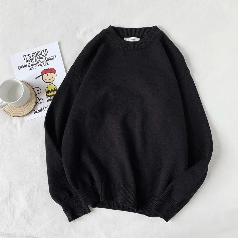 WIAOFELLAS  -  Men Autumn Winter Fashion Korean Solid Color Sweater Tops Male Loose O-neck Pullovers Mens Long Sleeve Knitted Tops P48