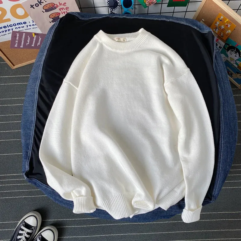 WIAOFELLAS  -  Men Autumn Winter Fashion Korean Solid Color Sweater Tops Male Loose O-neck Pullovers Mens Long Sleeve Knitted Tops P48