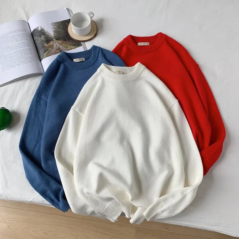 WIAOFELLAS  -  Men Autumn Winter Fashion Korean Solid Color Sweater Tops Male Loose O-neck Pullovers Mens Long Sleeve Knitted Tops P48