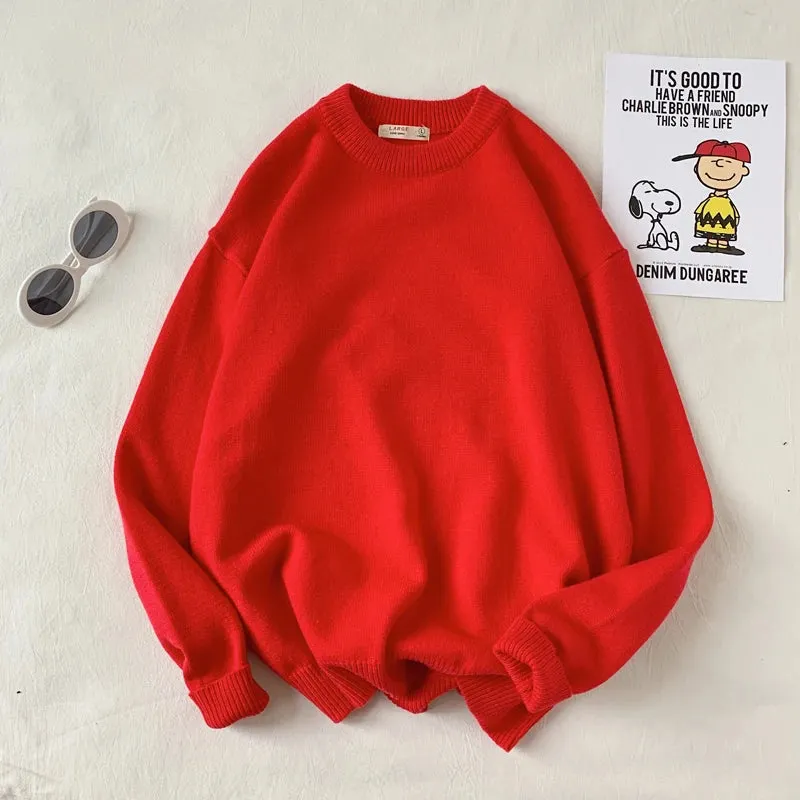 WIAOFELLAS  -  Men Autumn Winter Fashion Korean Solid Color Sweater Tops Male Loose O-neck Pullovers Mens Long Sleeve Knitted Tops P48