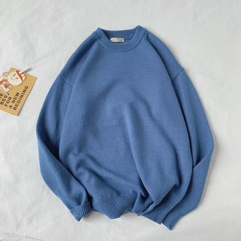 WIAOFELLAS  -  Men Autumn Winter Fashion Korean Solid Color Sweater Tops Male Loose O-neck Pullovers Mens Long Sleeve Knitted Tops P48