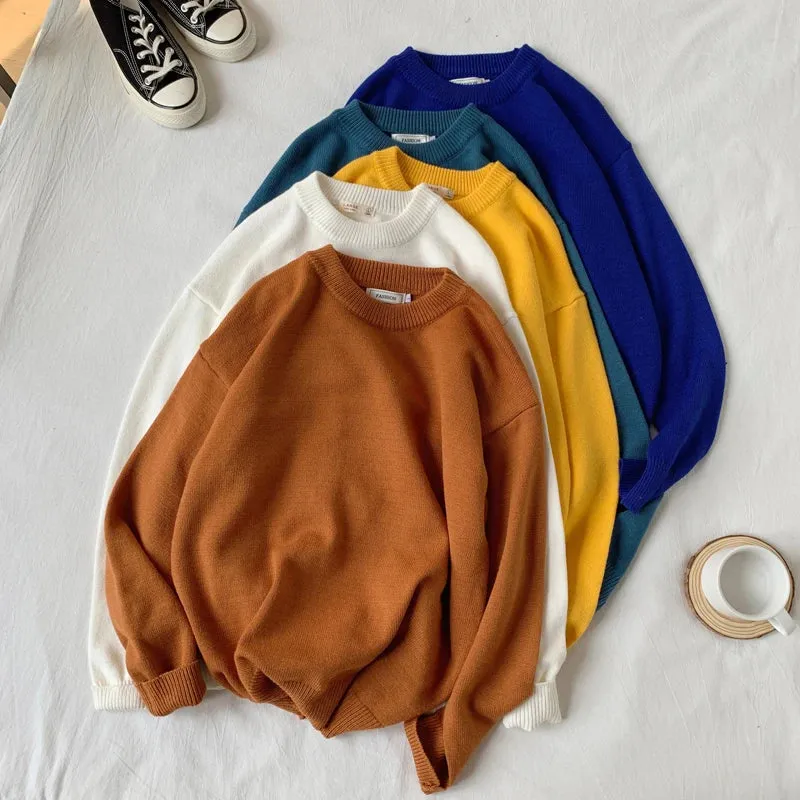 WIAOFELLAS  -  Men Autumn Winter Fashion Korean Solid Color Sweater Tops Male Loose O-neck Pullovers Mens Long Sleeve Knitted Tops P48