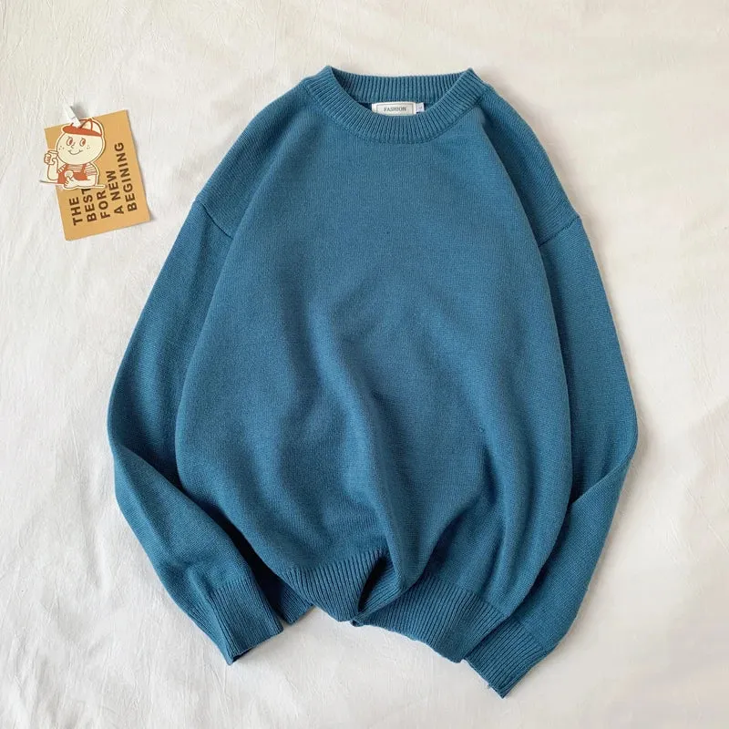 WIAOFELLAS  -  Men Autumn Winter Fashion Korean Solid Color Sweater Tops Male Loose O-neck Pullovers Mens Long Sleeve Knitted Tops P48