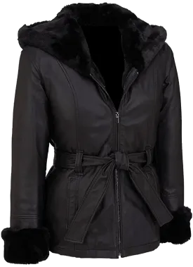Women’s Furry Genuine Black Leather Faux Fur Coat With Hoodie | Womens Black Leather Jacket Faux Fur Sherling Coat