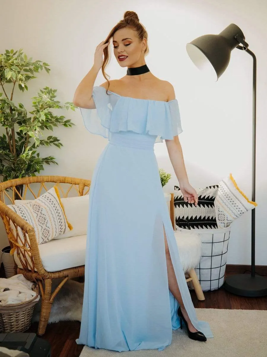 Women's Off Shoulder Ruffle Thigh Split Bridesmaid Dresses