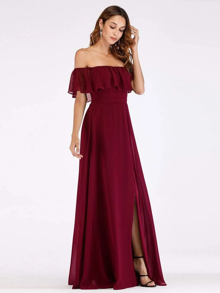 Women's Off Shoulder Ruffle Thigh Split Bridesmaid Dresses