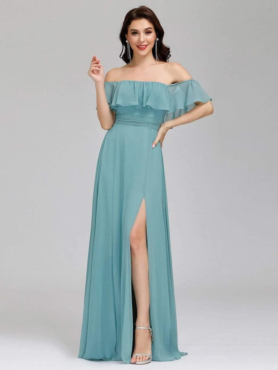 Women's Off Shoulder Ruffle Thigh Split Bridesmaid Dresses