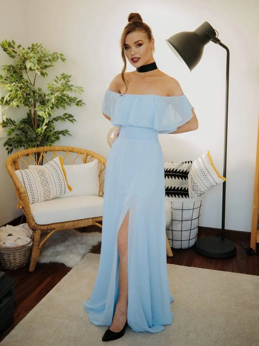 Women's Off Shoulder Ruffle Thigh Split Bridesmaid Dresses