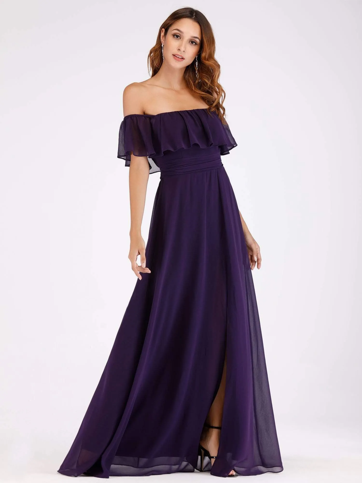 Women's Off Shoulder Ruffle Thigh Split Bridesmaid Dresses