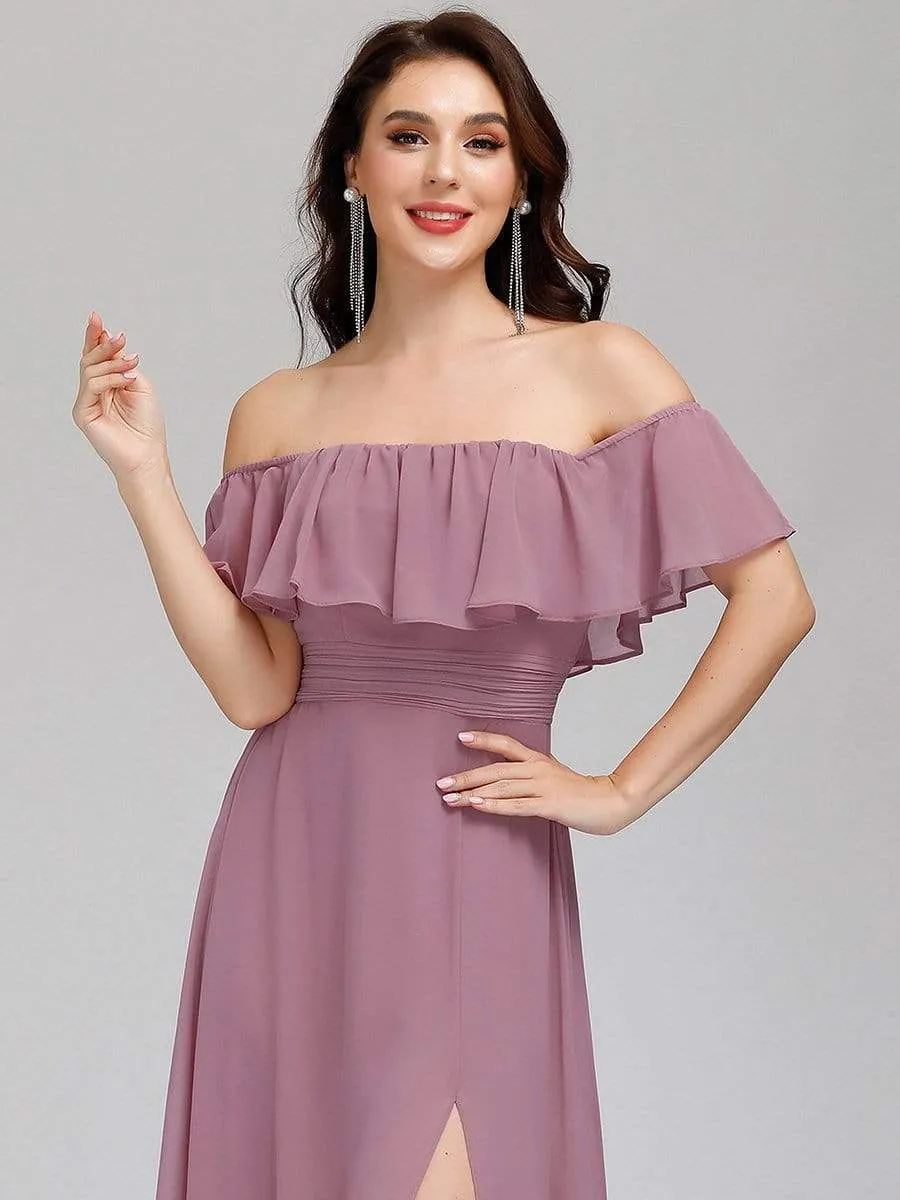 Women's Off Shoulder Ruffle Thigh Split Bridesmaid Dresses