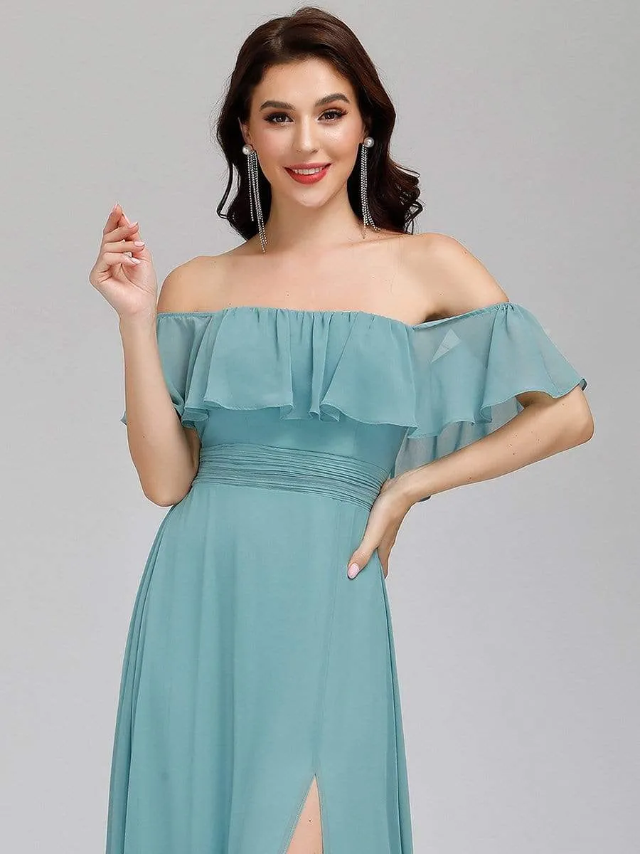 Women's Off Shoulder Ruffle Thigh Split Bridesmaid Dresses