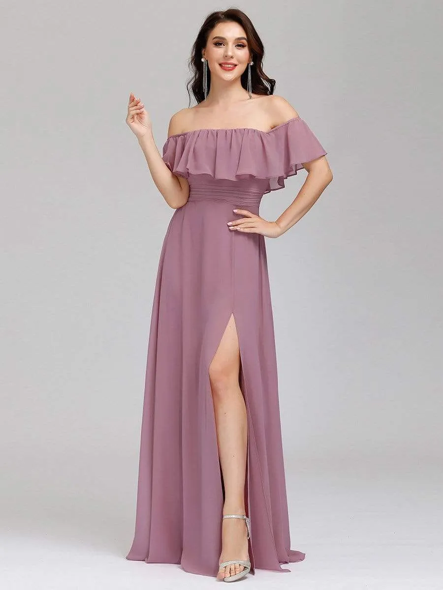 Women's Off Shoulder Ruffle Thigh Split Bridesmaid Dresses