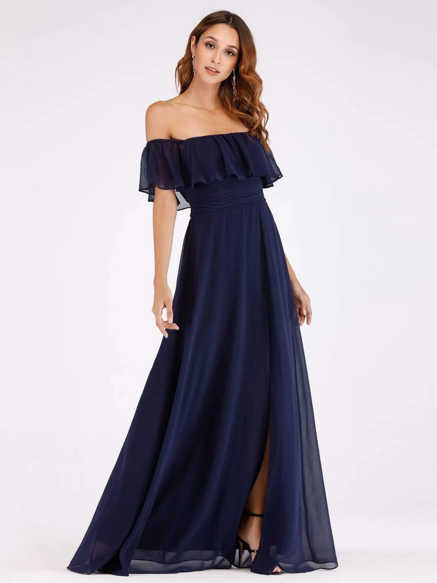 Women's Off Shoulder Ruffle Thigh Split Bridesmaid Dresses