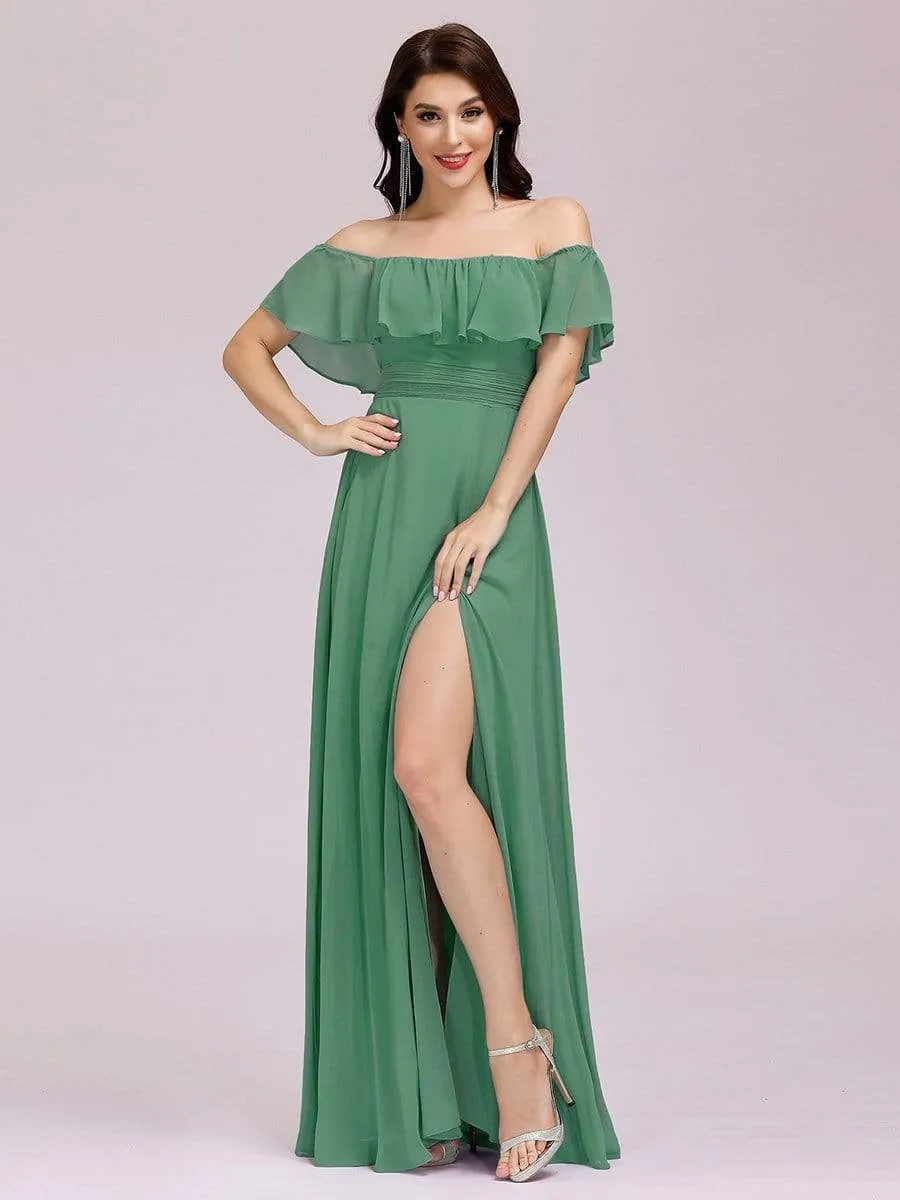 Women's Off Shoulder Ruffle Thigh Split Bridesmaid Dresses