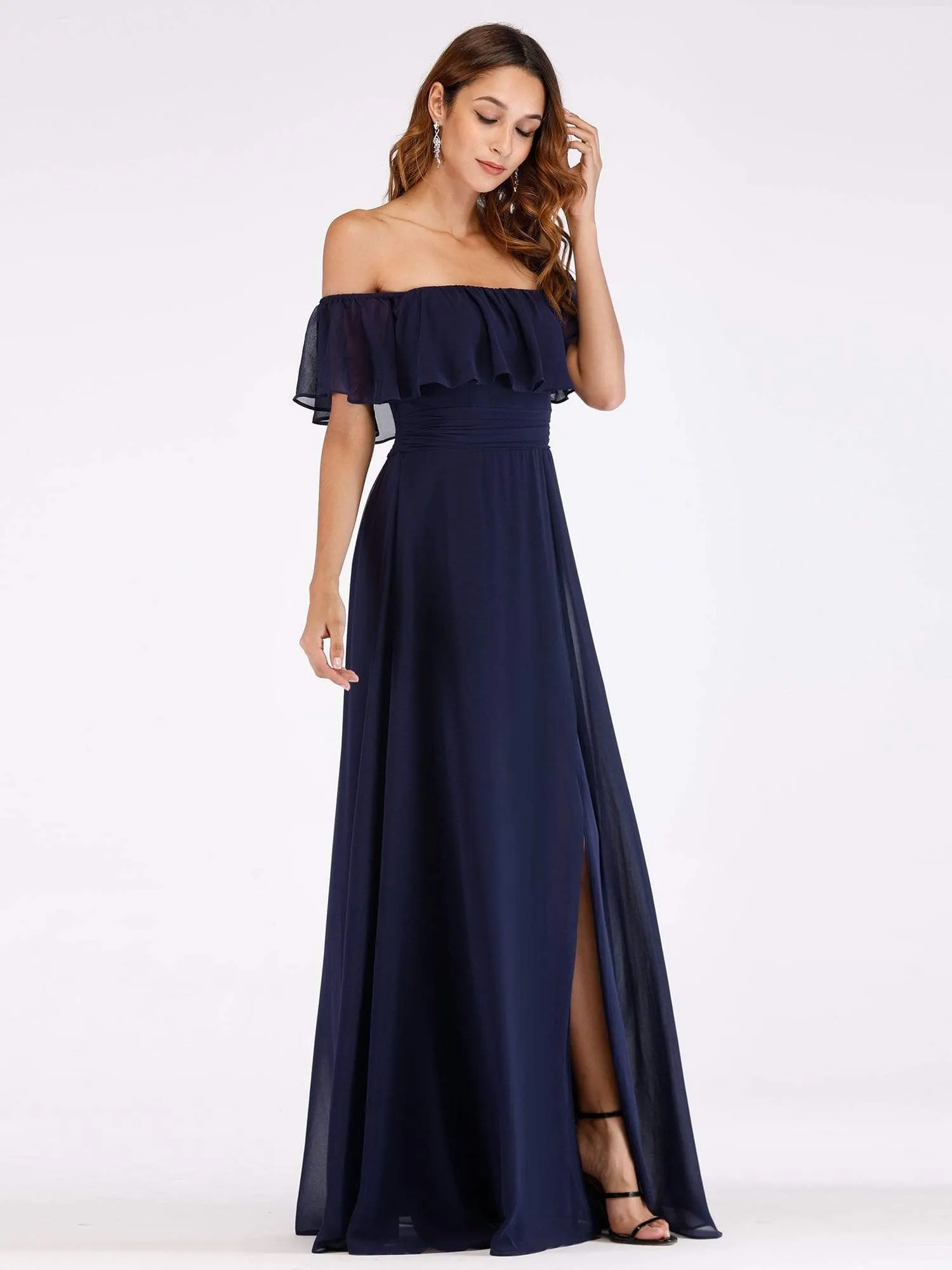 Women's Off Shoulder Ruffle Thigh Split Bridesmaid Dresses